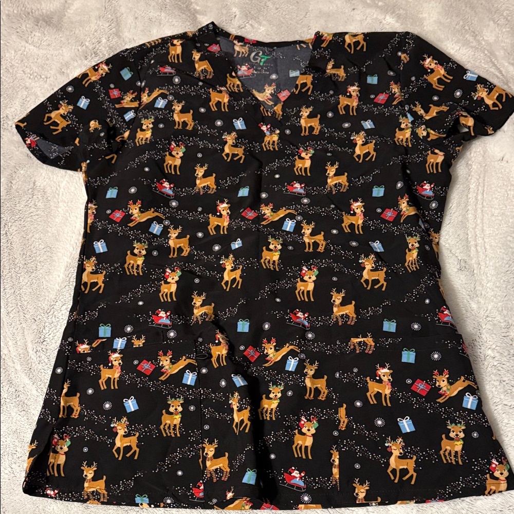 Festive Reindeer Print Scrub Top